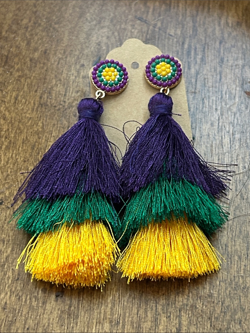 Colorful Tiered Tassel Earrings - Purple, Green & Yellow perfect for Mardi Gras!